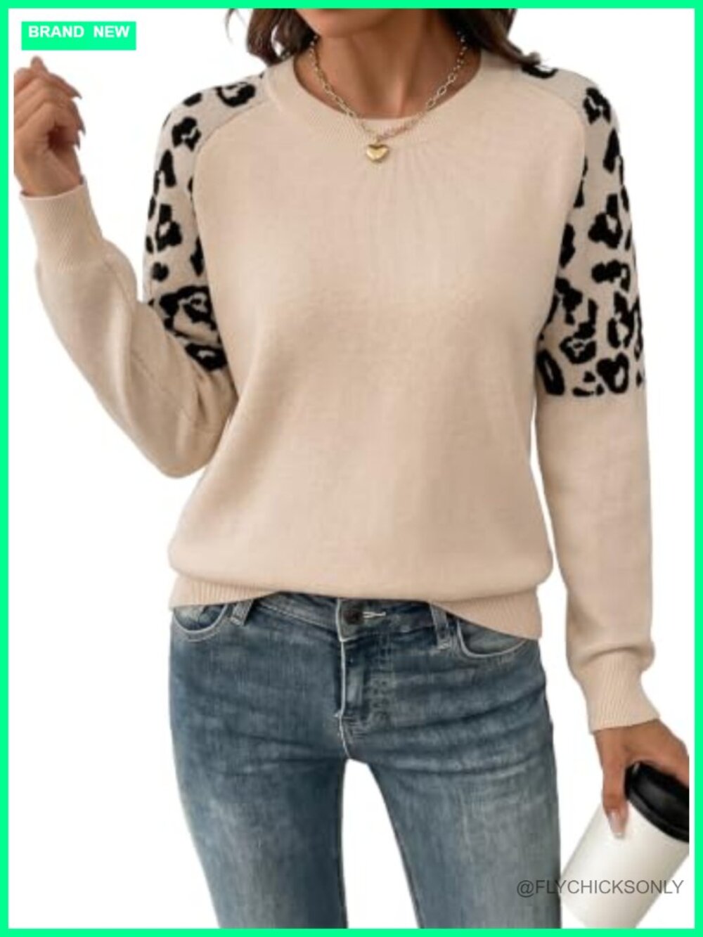 Raglan Sleeve Leopard Knit Pullover Sweater Crewneck Loose Fit Fall Winter